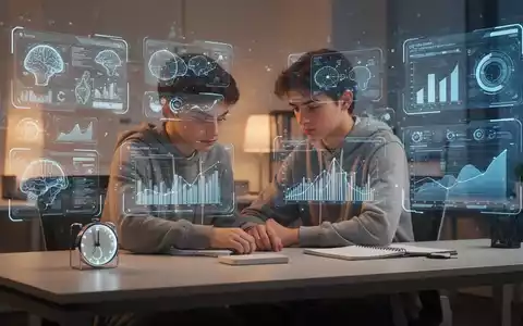 Eine Person sitzt an einem modernen Schreibtisch, umgeben von holografischen Projektionen von Daten und KI-Schnittstellen, die Konzentration symbolisieren. - Foto: über boerse-global.de