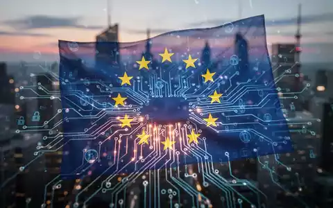 Leuchtende Leiterplatte mit EU-Flagge und Blockchain-Elementen, vor verschwommener Stadtlandschaft in der Dämmerung, symbolisiert Krypto-Regulierung. - Foto: über boerse-global.de