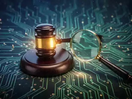 Abstrakte Darstellung eines digitalen Netzwerks mit einem leuchtenden Richthammer und einer Lupe, symbolisiert die Überwachung der Unternehmensführung. - Foto: über boerse-global.de