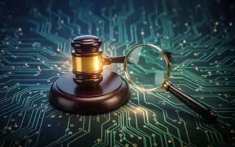 Abstrakte Darstellung eines digitalen Netzwerks mit einem leuchtenden Richthammer und einer Lupe, symbolisiert die Überwachung der Unternehmensführung. - Foto: über boerse-global.de