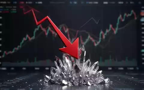 Ein roter Abwärtspfeil durchbohrt eine metallische Kristallstruktur, mit einem verschwommenen Finanzchart im Hintergrund. - Foto: über boerse-global.de