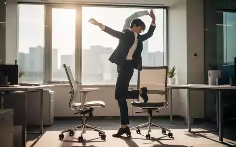 Eine Person in Business-Kleidung steht von einem Bürostuhl auf und dehnt sich, mit Sonnenlicht, das durch ein Fenster fällt. - Foto: über boerse-global.de