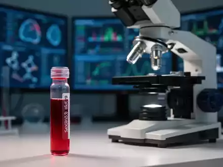 Nahaufnahme eines Blutprobenröhrchens neben einem Labormikroskop, mit wissenschaftlicher Ausrüstung und Bildschirmen im Hintergrund. - Foto: über boerse-global.de