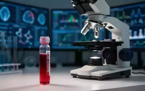 Nahaufnahme eines Blutprobenröhrchens neben einem Labormikroskop, mit wissenschaftlicher Ausrüstung und Bildschirmen im Hintergrund. - Foto: über boerse-global.de
