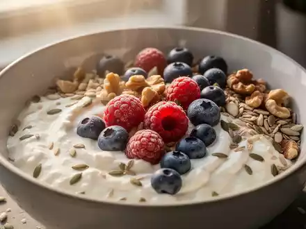 Eine Nahaufnahme einer gesunden Frühstücksschale mit Quark, Beeren, Nüssen und Samen, die Intervallfasten und ausgewogene Ernährung darstellt. - Foto: über boerse-global.de