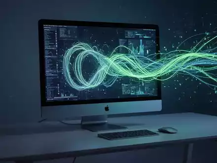 Ein Mac-Setup auf einem minimalistischen Schreibtisch, mit einer digitalen Darstellung von Datenfluss, die vom Bildschirm ausgeht. - Foto: über boerse-global.de