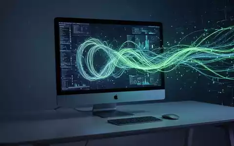 Ein Mac-Setup auf einem minimalistischen Schreibtisch, mit einer digitalen Darstellung von Datenfluss, die vom Bildschirm ausgeht. - Foto: über boerse-global.de