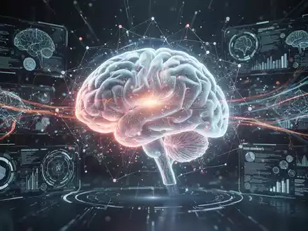 Ein stilisiertes, leuchtendes Gehirn-Hologramm, umgeben von digitalen Schnittstellen und Datenströmen, die Gehirnfitness symbolisieren. - Foto: über boerse-global.de