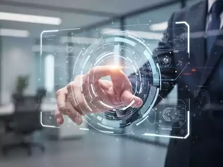 Eine Hand interagiert mit einer abstrakten digitalen Benutzeroberfläche, die auf einem Bildschirm angezeigt wird, mit einem futuristischen Büro im Hintergrund. - Foto: über boerse-global.de