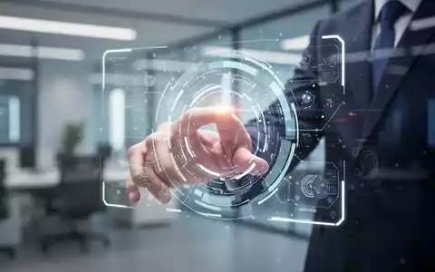 Eine Hand interagiert mit einer abstrakten digitalen Benutzeroberfläche, die auf einem Bildschirm angezeigt wird, mit einem futuristischen Büro im Hintergrund. - Foto: über boerse-global.de