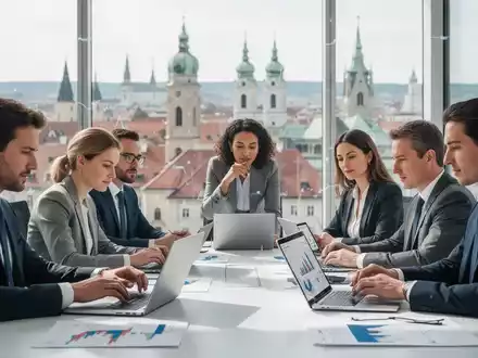 Finanzfachkräfte arbeiten in einem modernen Büro, mit Laptops und Tablets, vor der verschwommenen Skyline einer europäischen Stadt. - Foto: über boerse-global.de