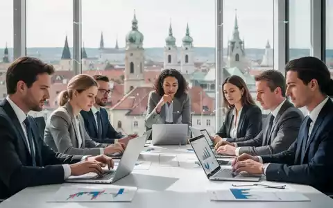 Finanzfachkräfte arbeiten in einem modernen Büro, mit Laptops und Tablets, vor der verschwommenen Skyline einer europäischen Stadt. - Foto: über boerse-global.de