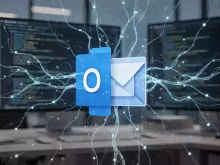 Microsoft Outlook-Logo mit leuchtenden KI-Neuronalnetzlinien, die Copilot-Integration und technische Auflösung symbolisieren. - Foto: über boerse-global.de