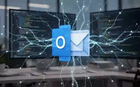 Microsoft Outlook-Logo mit leuchtenden KI-Neuronalnetzlinien, die Copilot-Integration und technische Auflösung symbolisieren. - Foto: über boerse-global.de