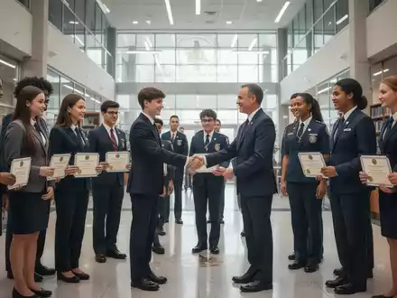 Junge Erwachsene in Berufsbekleidung und Uniform erhalten Zertifikate von Beamten in einem modernen Behördengebäude, symbolisierend Ausbildungserfolg. - Foto: über boerse-global.de