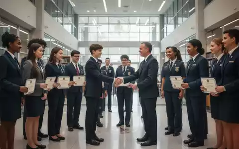Junge Erwachsene in Berufsbekleidung und Uniform erhalten Zertifikate von Beamten in einem modernen Behördengebäude, symbolisierend Ausbildungserfolg. - Foto: über boerse-global.de