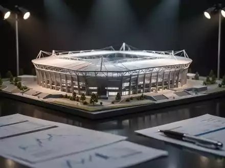 Ein detailliertes Architekturmodell eines Stadions, umgeben von Finanzdokumenten, symbolisiert Immobilienbewertung und Abschreibung. - Foto: über boerse-global.de