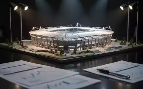 Ein detailliertes Architekturmodell eines Stadions, umgeben von Finanzdokumenten, symbolisiert Immobilienbewertung und Abschreibung. - Foto: über boerse-global.de