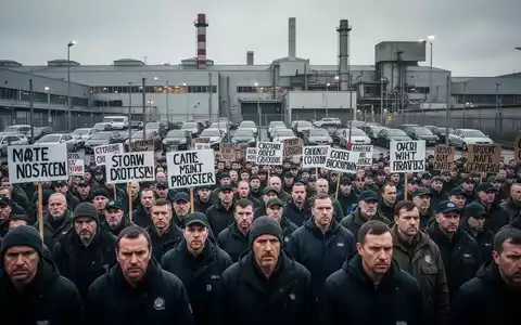 Arbeiterprotest vor einer Mercedes-Benz-Fabrik mit Schildern und einer großen Menschenmenge, die gegen Sparpläne demonstriert. - Foto: über boerse-global.de