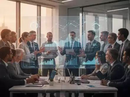 Führungskräfte mit technischem Hintergrund diskutieren KI-Strategien und betriebswirtschaftliche Konzepte in einem modernen Büro. - Foto: über boerse-global.de