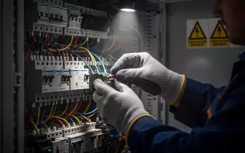 Nahaufnahme der behandschuhten Hände eines Elektrikers, der präzise an komplexen elektrischen Leitungen in einem Schaltschrank arbeitet. - Foto: über boerse-global.de