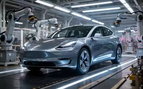 Ein glänzendes, modernes Elektrofahrzeug auf einem futuristischen Montagelinie, umgeben von verschwommenen Roboterarmen. - Foto: über boerse-global.de