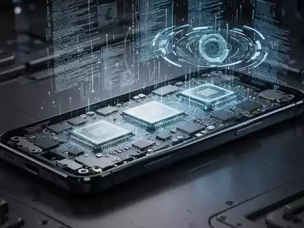 Nahaufnahme eines zerlegten Smartphones mit sichtbaren Chips und Leiterplatten, umgeben von digitalen Datenströmen, die ein Leck darstellen. - Foto: über boerse-global.de