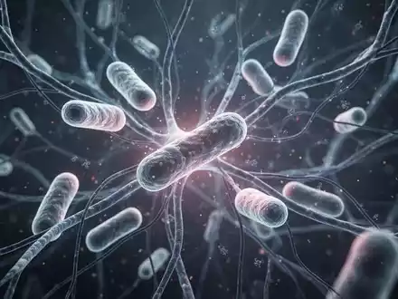 Mikroskopische Ansicht von Darmbakterien, die subtil leuchten, umgeben von einem Netzwerk neuronaler Pfade, das die Darm-Hirn-Achse symbolisiert. - Foto: über boerse-global.de