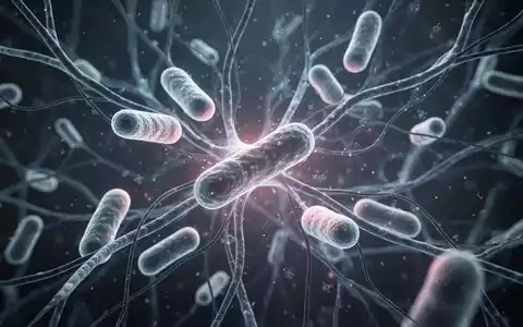 Mikroskopische Ansicht von Darmbakterien, die subtil leuchten, umgeben von einem Netzwerk neuronaler Pfade, das die Darm-Hirn-Achse symbolisiert. - Foto: über boerse-global.de