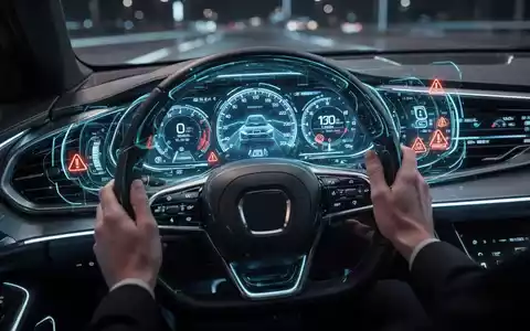 Futuristisches Auto-Cockpit mit holografischer Anzeige von Fahrdaten und dezenten Warnsymbolen, die die Aufmerksamkeit des Fahrers betonen. - Foto: über boerse-global.de