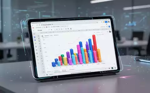 Tablet mit buntem 3D-Balkendiagramm in Google Sheets, das neue Importfunktionen zur Wahrung visueller Datenintegrität zeigt. - Foto: über boerse-global.de