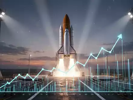 Eine Rakete auf einer Startrampe bei Sonnenuntergang mit einem digitalen Börsenchart im Vordergrund, der Wachstum anzeigt. - Foto: über boerse-global.de