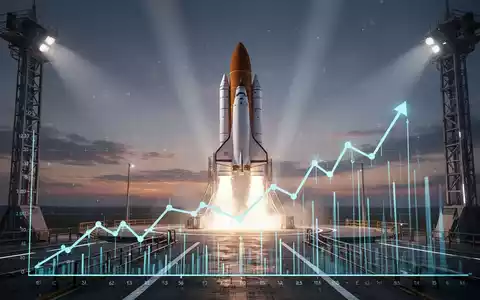 Eine Rakete auf einer Startrampe bei Sonnenuntergang mit einem digitalen Börsenchart im Vordergrund, der Wachstum anzeigt. - Foto: über boerse-global.de