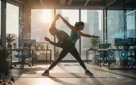 Eine Person dehnt sich dynamisch in einem modernen Büro, umgeben von digitalen Gesundheitsanzeigen, symbolisierend Prävention und Wohlbefinden. - Foto: über boerse-global.de