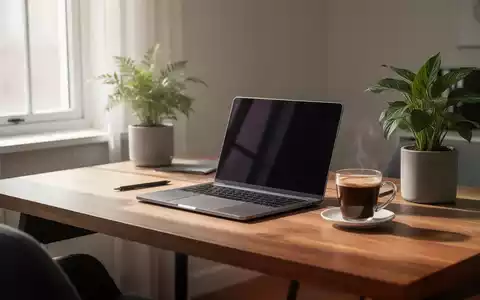 Ein modernes Home-Office mit Laptop, Kaffee und Pflanze auf einem Holztisch, beleuchtet von sanftem Tageslicht. - Foto: über boerse-global.de