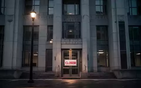 Eine städtische Fassade bei Dämmerung, die eine Haushaltskrise und Schließung symbolisiert. - Foto: über boerse-global.de