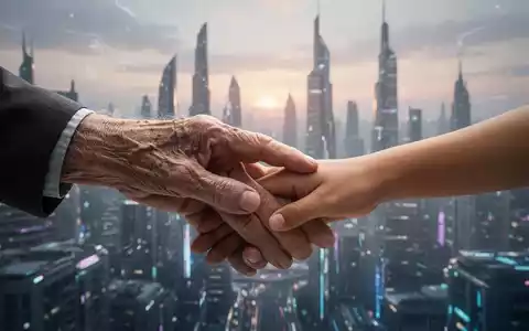 Eine ältere Hand berührt sanft eine jüngere Hand, vor dem Hintergrund einer verschwommenen, modernen Stadtlandschaft bei Sonnenaufgang. - Foto: über boerse-global.de