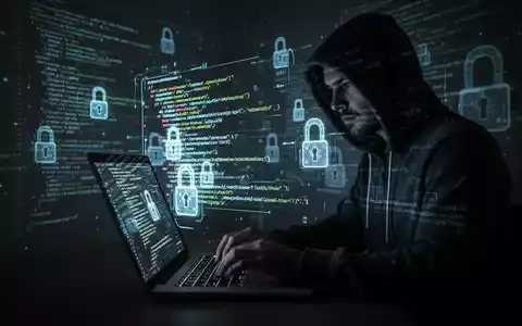 Schattenfigur nutzt Laptop mit leuchtenden digitalen Schlössern und Code, symbolisiert KI-Phishing, das MFA umgeht. - Foto: über boerse-global.de