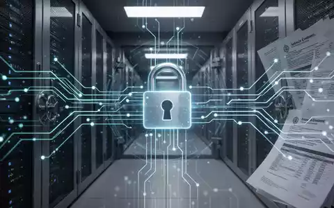 Ein stilisiertes digitales Datenspeicherzentrum mit leuchtenden Linien, die den Datenfluss darstellen, und einem Vorhängeschloss-Symbol. - Foto: über boerse-global.de