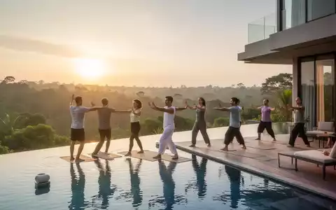 Eine Gruppe von Menschen praktiziert Tai Chi oder Qigong an einem Infinity-Pool mit Blick auf eine grüne Landschaft bei Sonnenaufgang. - Foto: über boerse-global.de