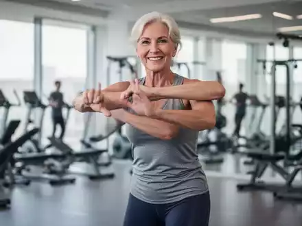 Eine aktive ältere Frau (60er Jahre) führt in einem modernen Fitnessstudio eine stehende Bauchmuskelübung aus. - Foto: über boerse-global.de