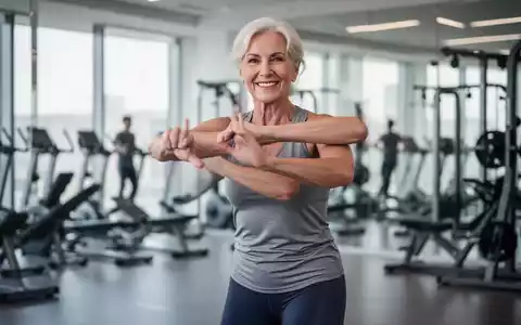 Eine aktive ältere Frau (60er Jahre) führt in einem modernen Fitnessstudio eine stehende Bauchmuskelübung aus. - Foto: über boerse-global.de