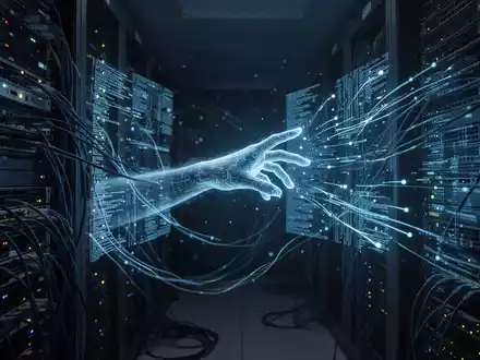 Ein dunkler Serverraum mit blau leuchtenden Netzwerkkabeln und blinkenden Server-Racks. Eine digitale Hand manipuliert Datenströme. - Foto: über boerse-global.de