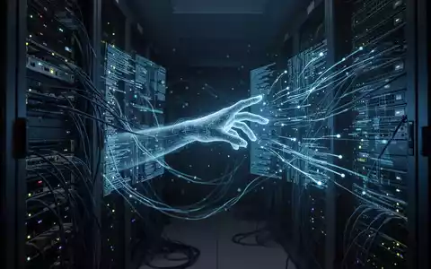 Ein dunkler Serverraum mit blau leuchtenden Netzwerkkabeln und blinkenden Server-Racks. Eine digitale Hand manipuliert Datenströme. - Foto: über boerse-global.de