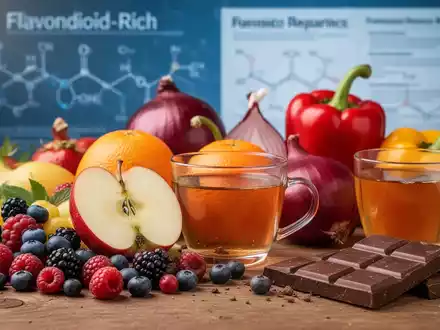 Eine Nahaufnahme von flavonoidreichen Lebensmitteln wie Beeren, Äpfeln, Orangen, Zwiebeln, Paprika, Tee und dunkler Schokolade. - Foto: über boerse-global.de