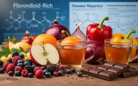 Eine Nahaufnahme von flavonoidreichen Lebensmitteln wie Beeren, Äpfeln, Orangen, Zwiebeln, Paprika, Tee und dunkler Schokolade. - Foto: über boerse-global.de