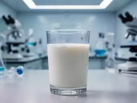 Ein Glas Milch mit einem verschwommenen Hintergrund aus Laborgeräten, das die wissenschaftliche Forschung und Fakten zu Gesundheitsmythen symbolisiert. - Foto: über boerse-global.de