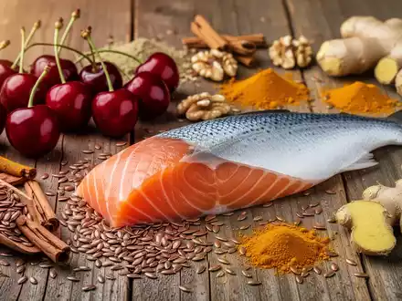 Eine appetitliche Anordnung von entzündungshemmenden Lebensmitteln: Kirschen, Lachs, Leinsamen, Walnüsse, Kurkuma und Ingwer auf Holz. - Foto: über boerse-global.de