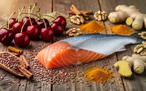 Eine appetitliche Anordnung von entzündungshemmenden Lebensmitteln: Kirschen, Lachs, Leinsamen, Walnüsse, Kurkuma und Ingwer auf Holz. - Foto: über boerse-global.de