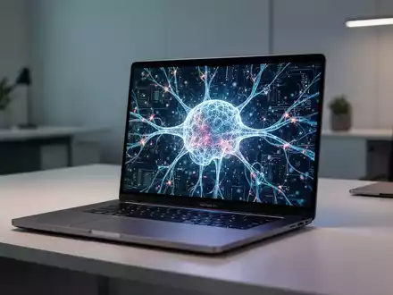 MacBook Pro mit lebendiger, abstrakter neuronaler Netzwerkvisualisierung, die lokale LLM-Verarbeitung auf Apple Silicon symbolisiert. - Foto: über boerse-global.de